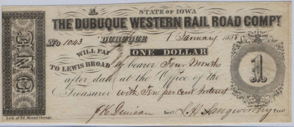 LJTP 400.011 - The Dubuque Western Rail Road Company $1 Note