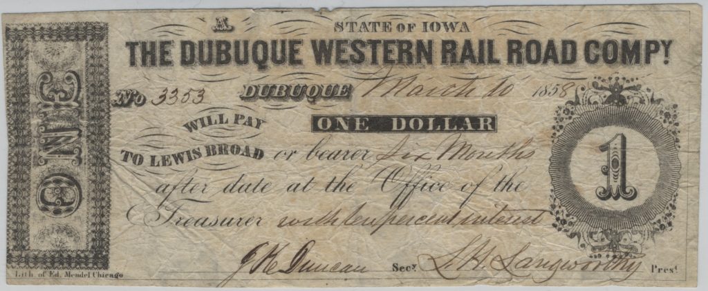 LJTP 400.012 - The Dubuque Western Rail Road Company $1 Note - 1858