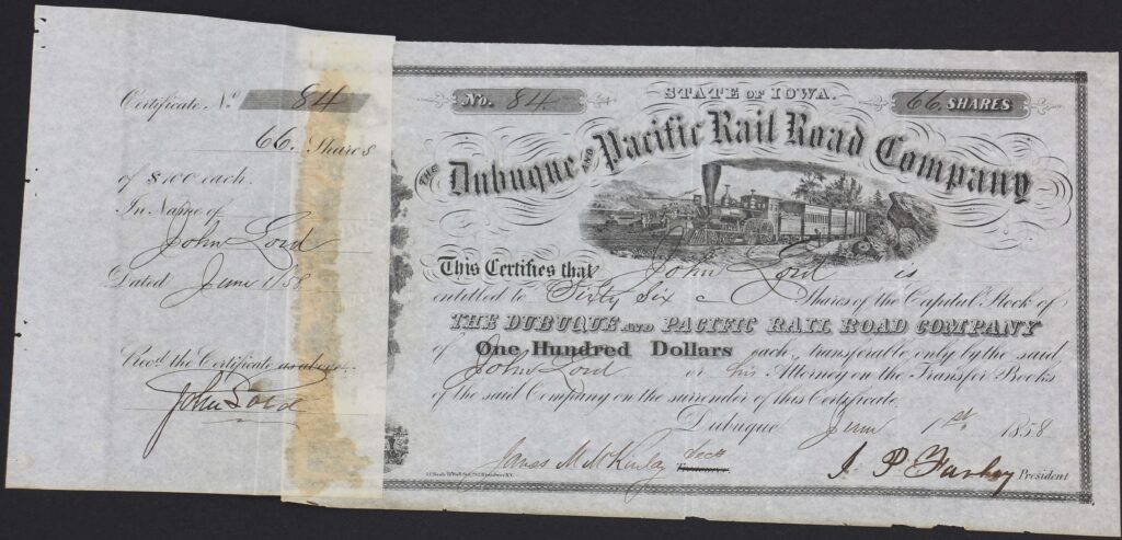 LJTP 400.015 - Dubuque and Pacific RR Stock Certificate - 1858