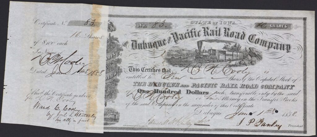 LJTP 400.016 - Dubuque and Pacific RR Stock Certificate - DN Cooley - 1858