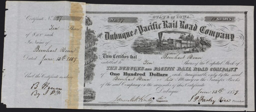 LJTP 400.017 - Dubuque and Pacific RR Stock Certificate - 1859