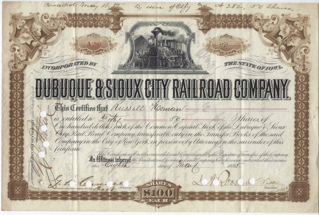 LJTP 400.026 - Dubuque & Sioux City Railroad Stock - James A. Roosevelt - 1885