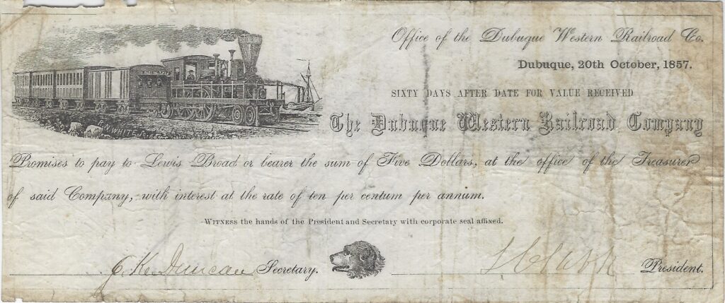 LJTP 400.029 - Dubuque Western Railroad Note - 1857