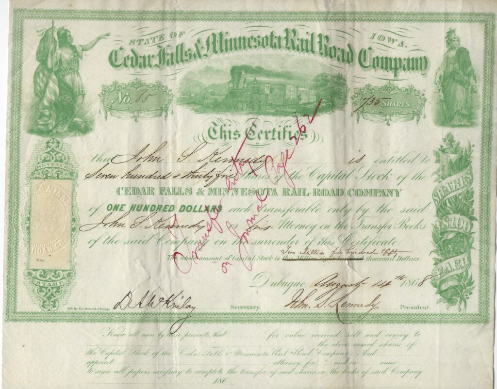 LJTP 400.031 - Cedar Falls & Minnesota Railroad Stock - 1868