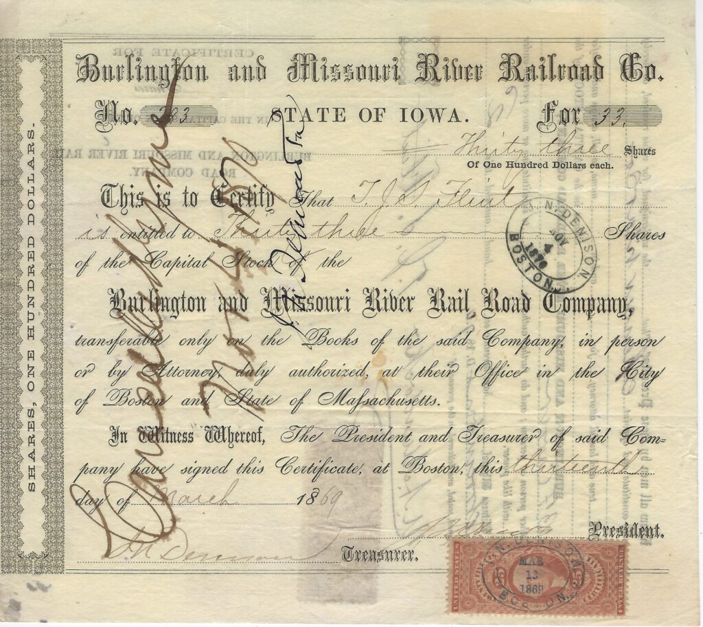 LJTP 400.036 - Burlington & Missiouri River Railroad Dbl Stamp Stock - 1869