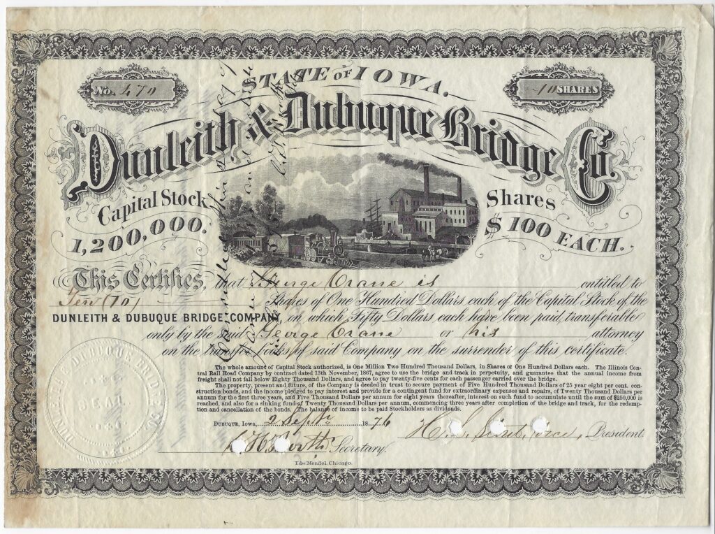 LJTP 400.040 - Dunleith & Dubuque Bridge Co. Stock - George Crane - 1876